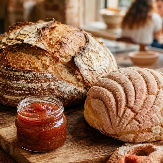 A crusty sourdough loaf, a concha, and a jar of jam.