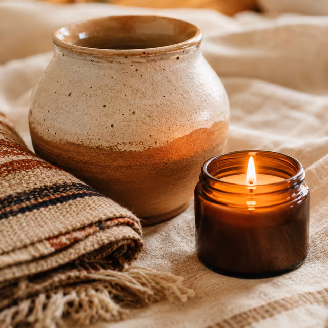 Handmade pottery, a woven textile, and a lit candle.